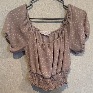 Pink Republic Tan Puff Sleeve Smocked Blouse